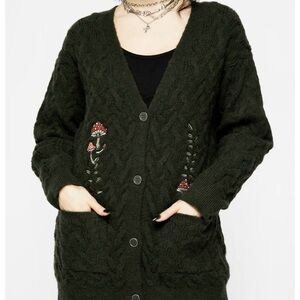 DISTURBIA Seelie Embroidered Cable Knit Cardigan Green Women's Sweater Size S ￼￼
